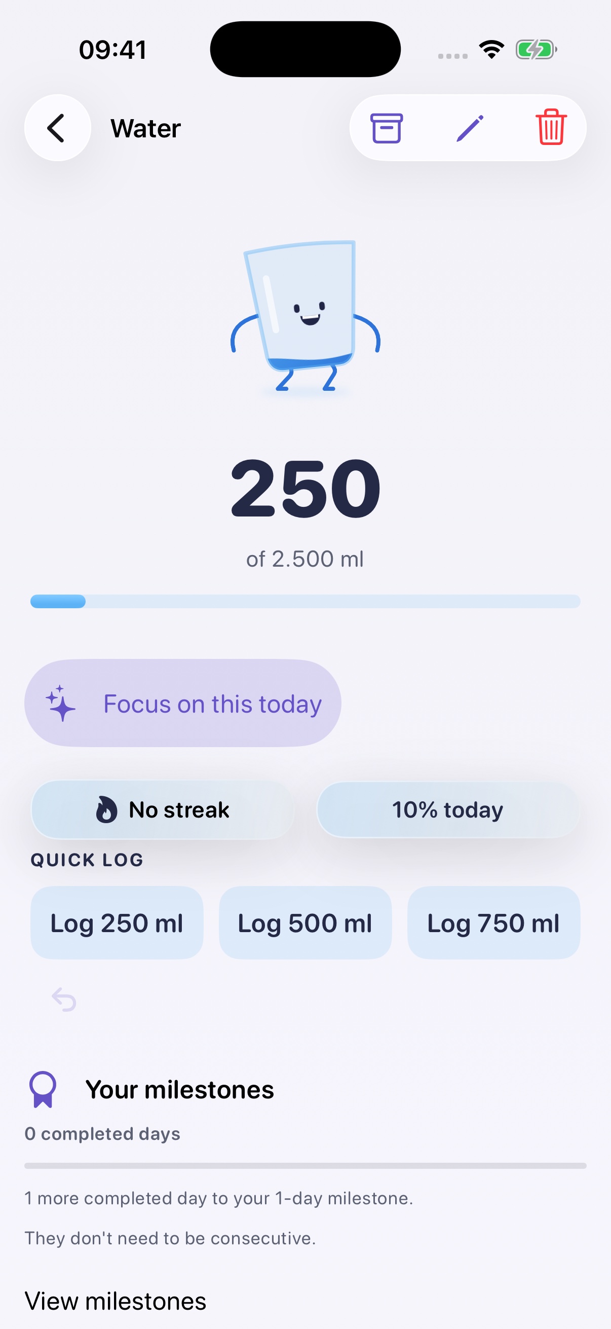ImproveThing Water habit with Sip, daily progress, and quick logging