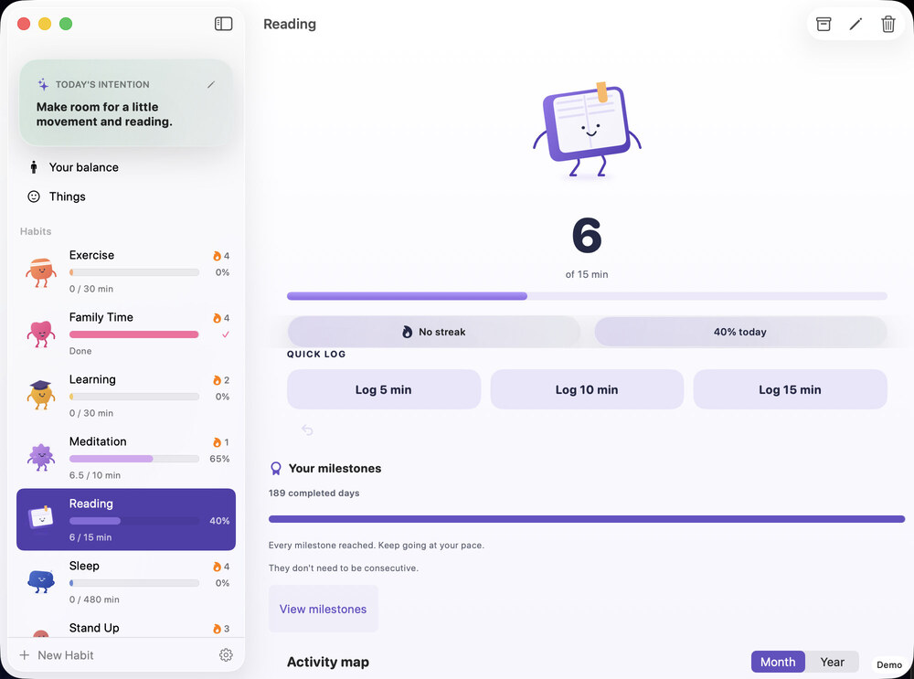 ImproveThing Reading habit with progress and milestones on Mac